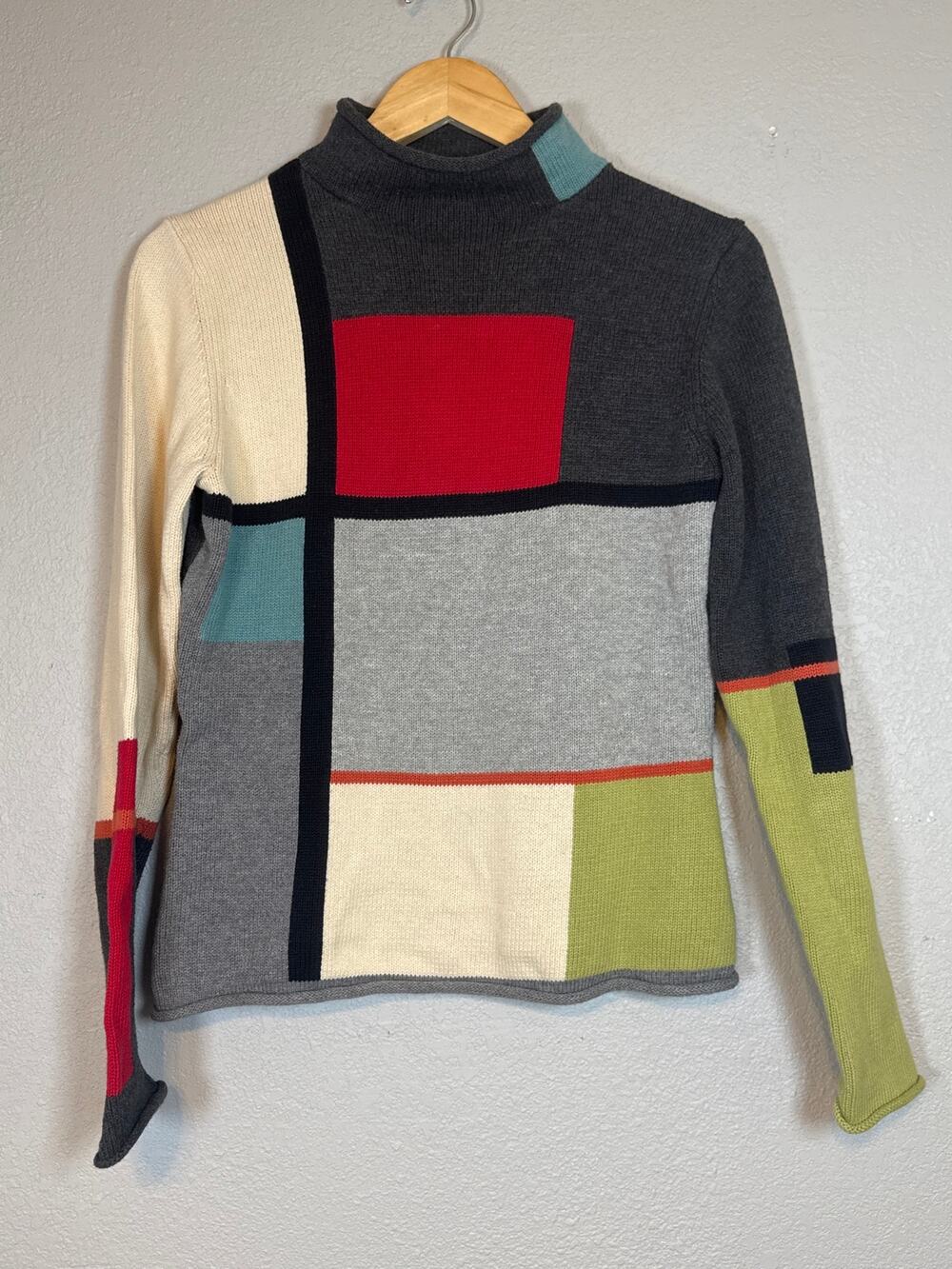 Harolds 100% Colorblock Geometric Sweater Mock Neck Abstract Artsy Womens Medium